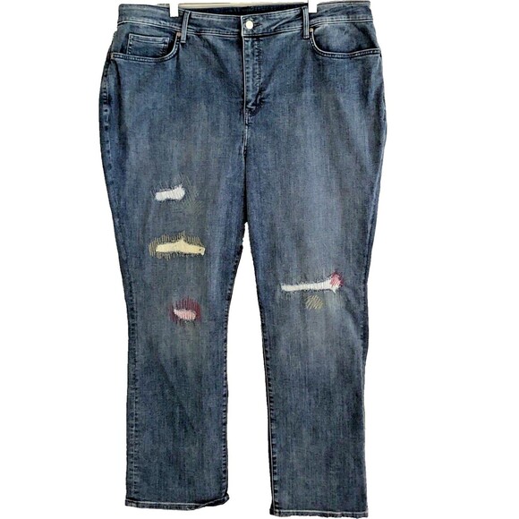 NYDJ Distressed Marilyn Straight Leg Jeans Size 24W Clean Monet Embroidered - Picture 2 of 12